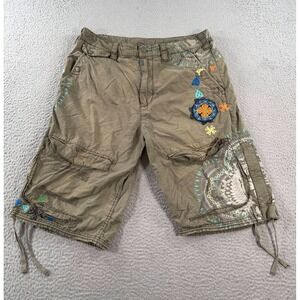 Vtg Ringspun Cargo Shorts Men's 34 Khaki Floral Embroidered Drawstring Grunge